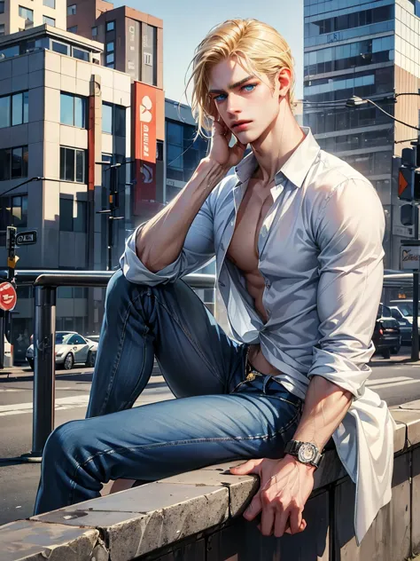 a video game character with an urban style and a realistic side touch, he has straight blonde hair, light blue eyes and white sk...