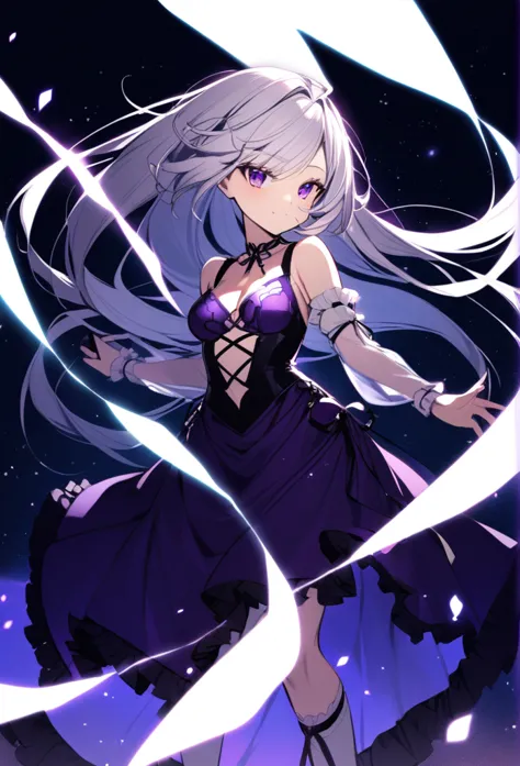 a girl with short purple and white hair and a purple dress