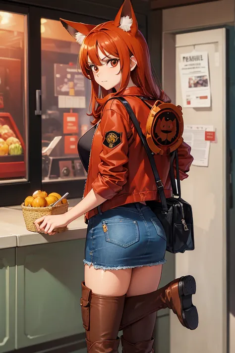 best qualityer, one piece, red fox, woman, cauda de red fox, orelha de red fox, jeans jacket, red backpack on the back, denim sk...