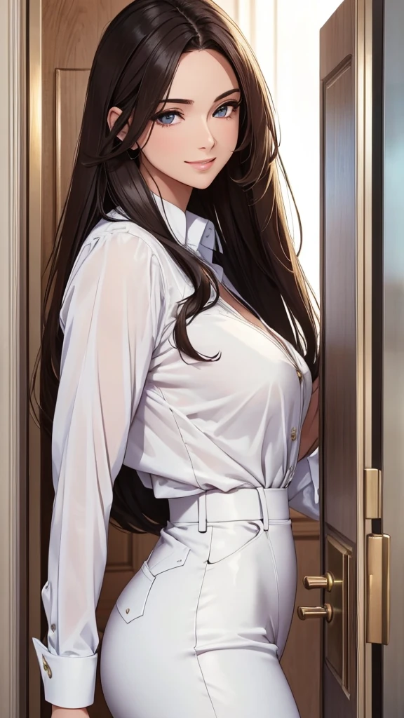 (masterpiece, best quality:1.2), detailed face, detailed eyes, elegant woman, long hair, high heeled,shiny skin,coy smile,welcomes you at the door, white door, Shirt, pants