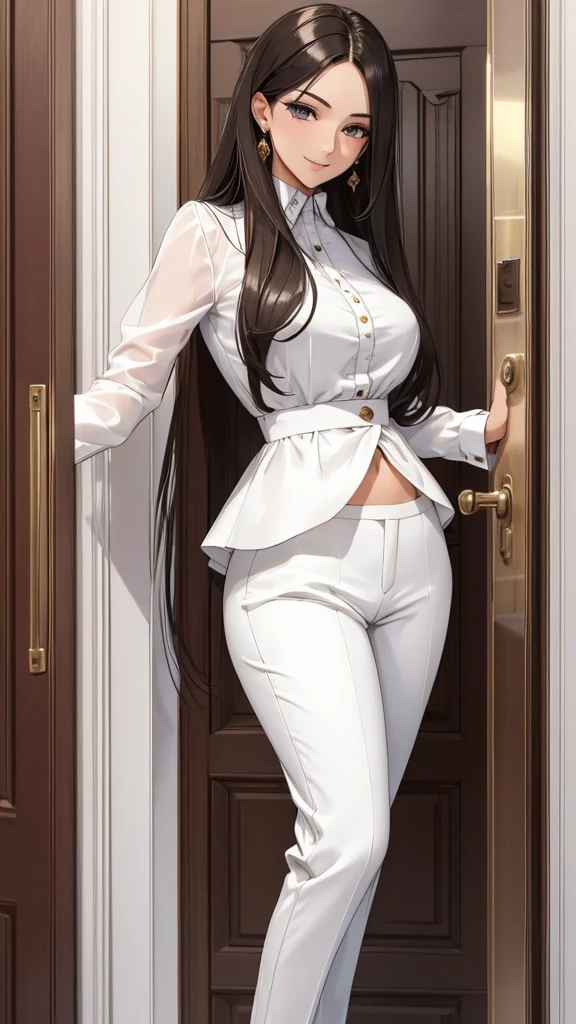 (masterpiece, best quality:1.2), detailed face, detailed eyes, elegant woman, long hair, high heeled,shiny skin,coy smile,welcomes you at the door, white door, Shirt, pants