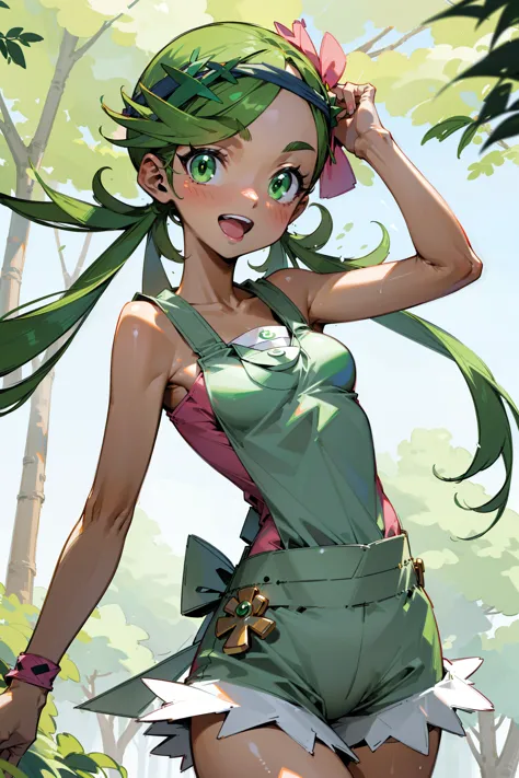 (masterpiece), best quality, ultra-detailed, 1girl(zodiac_mallow  , lovely small breasts,  dark skin , green hair, long hair, tw...