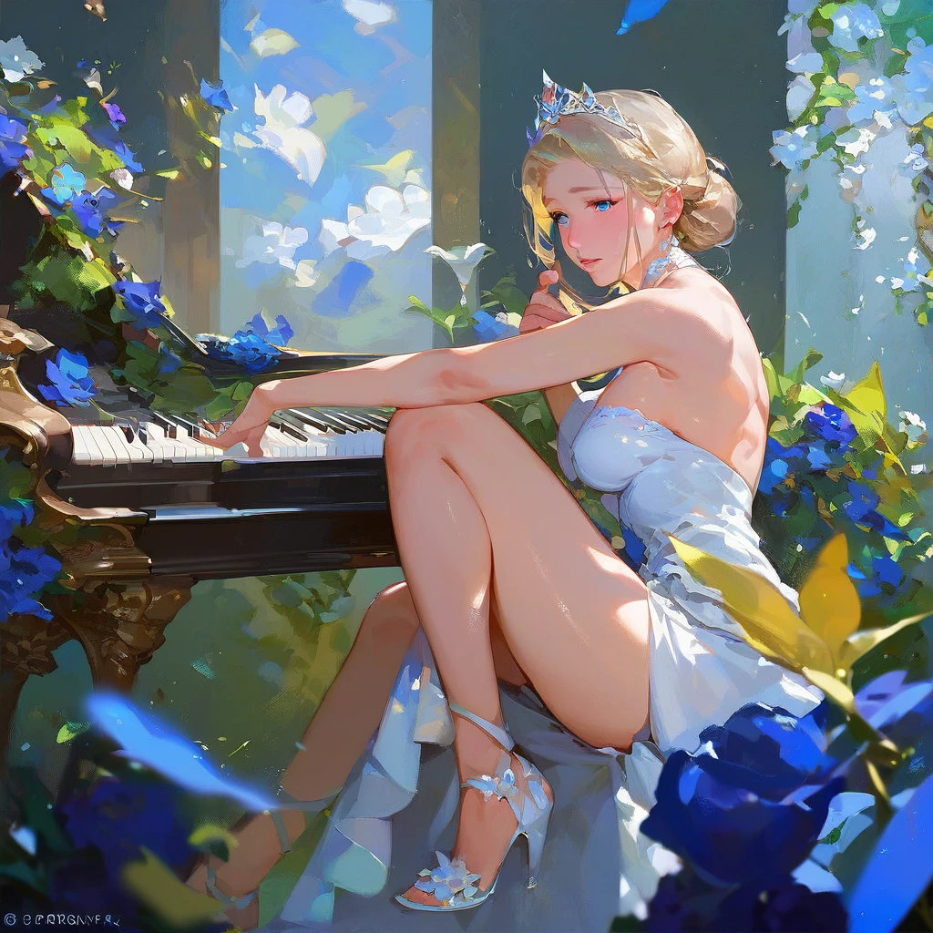 (score_9,score_8_up,score_7_up,) woman in fancy dress leaning over an upright grand piano at dusk with flowers around, 1girl, dress, solo, instrument, flower, high heels, sitting, tiara, white dress, blue eyes, blue flower, blonde hair, hair bun, Expressiveh, negative_hand, [[gwentstyle]], moon
