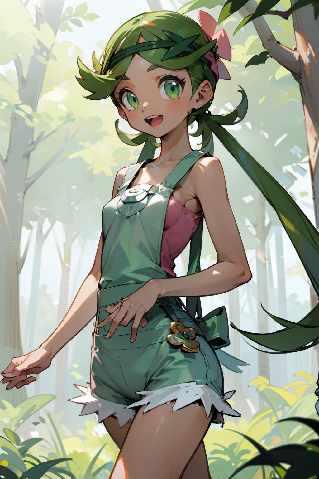 (Masterpiece), Best Quality, ultra-detailed, 1girl(zodiac_mallow , lovely small breasts, dark skin , green hair, long hair, twintails, headband, pink flower in hair, green eyes), smile, open mouth, solo, denim overalls, ransel, outdoor, forest, , walk, walking