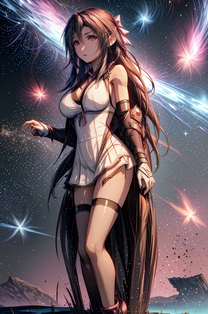 (8K HDR photorealistic pic), Tifa Lockhart, muscular, athletic, cheerful, toned body, (massive breasts), hourglass figure, fighter, long dark hair tied with ribbon at the end, ((Aerith costume, white dress, pink jacket)), realistic, seductive, red eyes, soft shadows, (masterpiece), Starry Sky with Mountains and Lake, Inspired by Jessica Rossier, Jessica Rossier Fantasy Art, Concept Art Magic Highlights, Official Artwork, Dream Painting, Ethereal Realm, Atmospheric artwork, dreamy matte paintings, serene endless stars inspired by Ted Nasmith, moonlit starry environments, epic music album covers.