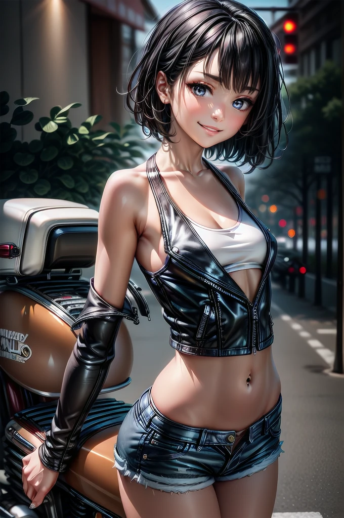 (cowboy shot), (Perfect Anatomy, top-quality, The ultra -The high-definition, high resolution, extremely detailed CG, 8K Unit Wallpapers), 26-year-old lady, solo, beautiful detailed eyes, black hair, short bob hair, blunt bang, (small breasts, statuesque slender body, athletic), gleaming skin, oily skin, (punk fashion, leather jacket, Tank top, micro shorts), (drive a motorcycle,Harley-Davidson), on road, Tokyo, at night