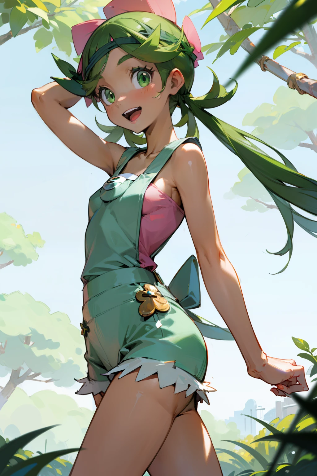 (Masterpiece), Best Quality, ultra-detailed, 1girl(zodiac_mallow , lovely small breasts, dark skin , green hair, long hair, twintails, headband, pink flower in hair, green eyes), smile, open mouth, solo, denim overalls, ransel,school satchel  , outdoor, forest, , walk, walking