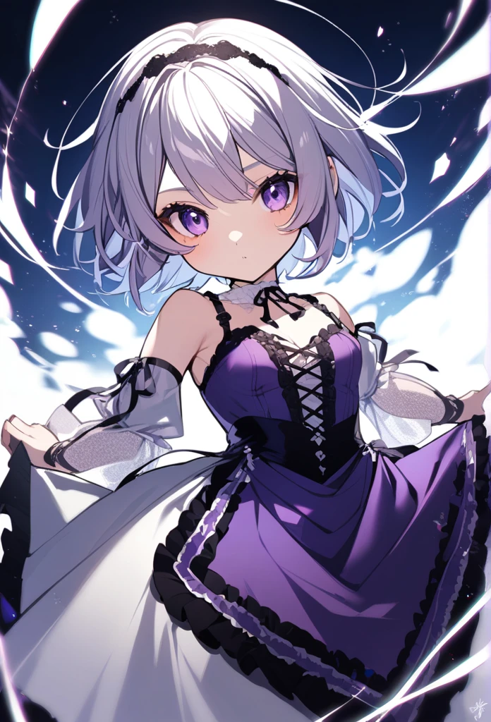 A girl with purple and white hair and short hair and a purple dress