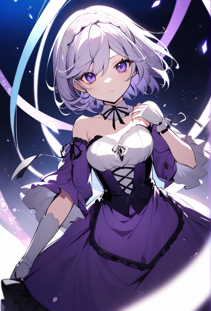 A girl with purple and white hair and short hair and a purple dress