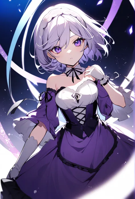 a girl with purple and white hair and short hair and a purple dress