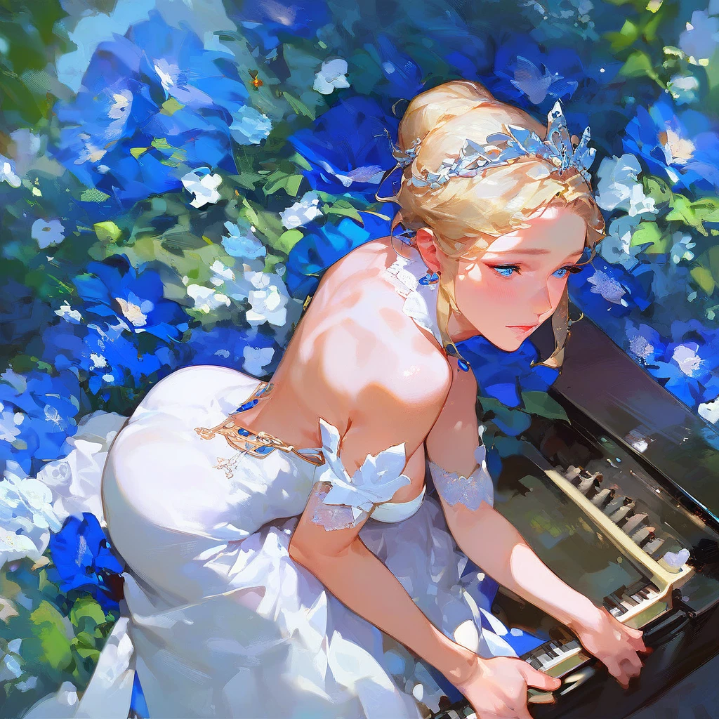 (score_9,score_8_up,score_7_up,) woman in fancy dress leaning over an upright grand piano at dusk with flowers around, 1girl, dress, solo, instrument, flower, high heels, sitting, tiara, white dress, blue eyes, blue flower, blonde hair, hair bun, Expressiveh, negative_hand, [[gwentstyle]], moon
