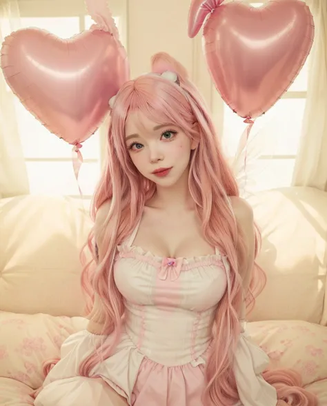 there is a woman with pink hair and a heart shaped balloon, belle delphine, fairycore, doja cat, long flowing pink hair, melanie...