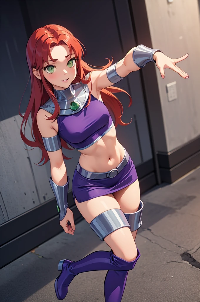 (masterpiece, best quality), 1girl,   starfire, sexy supermodel, student body, orange skin, red hair, gorget, crop top, armlet, vambraces, midriff, skirt, purple skirt, thigh boots