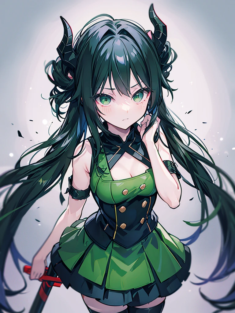 A demon slayer woman. IT IS NOT A DEMON OR DEMON ACCESSORIES, long black hair, green eyes, demon slayer costume with skirt, may he be happy and standing