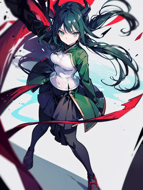 a demon slayer woman. it is not a demon or demon accessories, long black hair, green eyes, demon slayer costume with skirt, may ...