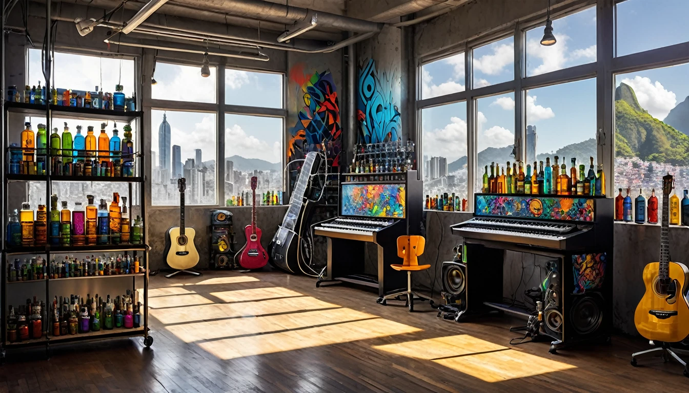 Masterpiece; Guitars and drums in a small science lab(((several science bottles around the room))); (guitars and musical keyboards inside science bottles) World map on the wall. sciencie complete with speakers and glass flasks of chemistry, embody the resilience and tenacity of the scientific community, infused with a bold graphic allure that enlivens the spirit of science. The design penetrates layers of depth, integrating the raw essence and vibrant cores of Rio de Janeiro culture. Brushstrokes that incorporate the fluid energy of graffiti on guitars and acoustic guitars weave around dynamic geometric shapes, adorning the laboratories with an evocative masterpiece that speaks to the heart of the intersection between two diverse worlds. Majestically rendered in high definition and vibrant color, every detail bursts with life, inviting viewers to marvel at the beauty that; by Rembrandt