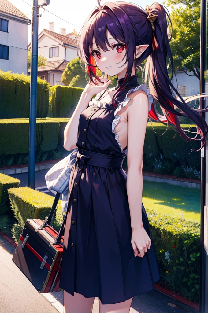 yuukikonno, Yuki Konno, hair band, Long Hair, Pointy Ears, Purple Hair, (Red eyes:1.5), (Small breasts:1.2),Side Ponytail,smile,Grin,Purple sleeveless dress、Cute Sandals,Put your right hand on your hip,Push-type suitcase,Are standing,Daytime,whole bodyがイラストに入るように, 　　　　　break looking at viewer, whole body,  　　　　　　　　　　　　　　　　　　　break outdoors,countryside, Residential Street,city,　　　　　　　　　　　　break (masterpiece:1.2), Highest quality, High resolution, unity 8k wallpaper, (shape:0.8), (Fine and beautiful eyes:1.6), Highly detailed face, Perfect lighting, Highly detailed CG, (Perfect hands, Perfect Anatomy),チックなmorning日,morning,Extreme Light，　　　　　　　　　　