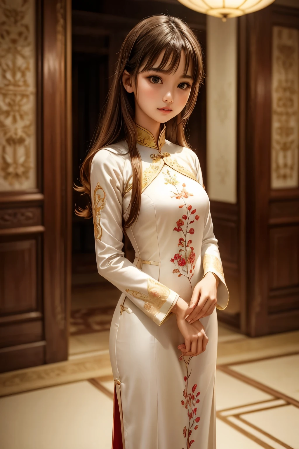 the girl in the Ao Dai is sewn from thin silk or cotton fabric, has a long and body-hugging white style that is very detailed, the peacock pattern in front of the shirt is very detailed, the girl stands in a very splendid space with many details