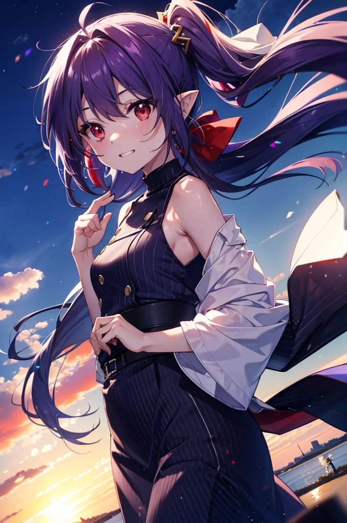 yuukikonno, Yuki Konno, hair band, Long Hair, Pointy Ears, Purple Hair, (Red eyes:1.5), (Small breasts:1.2),Side Ponytail,smile,Grin,Purple sleeveless dress、Cute Sandals,Put your right hand on your hip,Push-type suitcase,Are standing,Daytime,whole bodyがイラストに入るように, 　　　　　                       break looking at viewer, whole body,  　　　　　　　　　　　　　　　　　　　break outdoors,countryside, Residential Street,city,　　　　　　　　　　　　break (masterpiece:1.2), Highest quality, High resolution, unity 8k wallpaper, (shape:0.8), (Fine and beautiful eyes:1.6), Highly detailed face, Perfect lighting, Highly detailed CG, (Perfect hands, Perfect Anatomy),チックなmorning日,morning,Extreme Light，　　　　　　　　　　