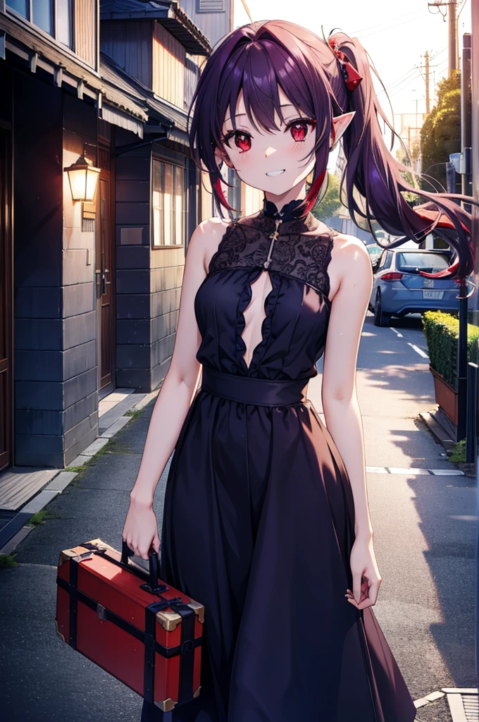 yuukikonno, Yuki Konno, hair band, Long Hair, Pointy Ears, Purple Hair, (Red eyes:1.5), (Small breasts:1.2),Side Ponytail,smile,Grin,Purple sleeveless dress、Cute Sandals,Put your right hand on your hip,Push-type suitcase,Are standing,Daytime,whole bodyがイラストに入るように, 　　　　　                       break looking at viewer, whole body,  　　　　　　　　　　　　　　　　　　　break outdoors,countryside, Residential Street,city,　　　　　　　　　　　　break (masterpiece:1.2), Highest quality, High resolution, unity 8k wallpaper, (shape:0.8), (Fine and beautiful eyes:1.6), Highly detailed face, Perfect lighting, Highly detailed CG, (Perfect hands, Perfect Anatomy),チックなmorning日,morning,Extreme Light，　　　　　　　　　　