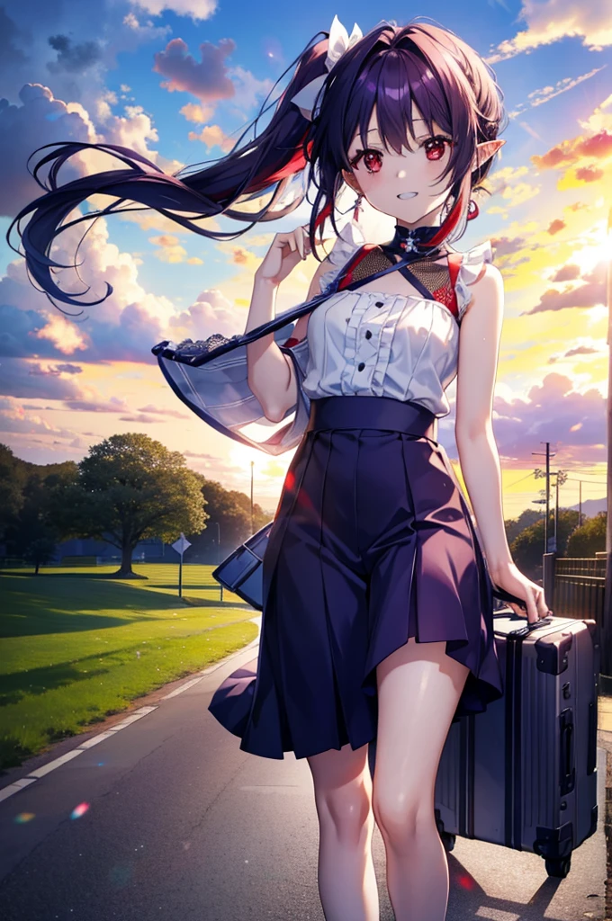 yuukikonno, Yuki Konno, hair band, Long Hair, Pointy Ears, Purple Hair, (Red eyes:1.5), (Small breasts:1.2),Side Ponytail,smile,Grin,Purple sleeveless dress、Cute Sandals,Put your right hand on your hip,Push-type suitcase,Are standing,Daytime,whole bodyがイラストに入るように, 　　　　　                       break looking at viewer, whole body,  　　　　　　　　　　　　　　　　　　　break outdoors,countryside, Residential Street,city,　　　　　　　　　　　　break (masterpiece:1.2), Highest quality, High resolution, unity 8k wallpaper, (shape:0.8), (Fine and beautiful eyes:1.6), Highly detailed face, Perfect lighting, Highly detailed CG, (Perfect hands, Perfect Anatomy),チックなmorning日,morning,Extreme Light，　　　　　　　　　　