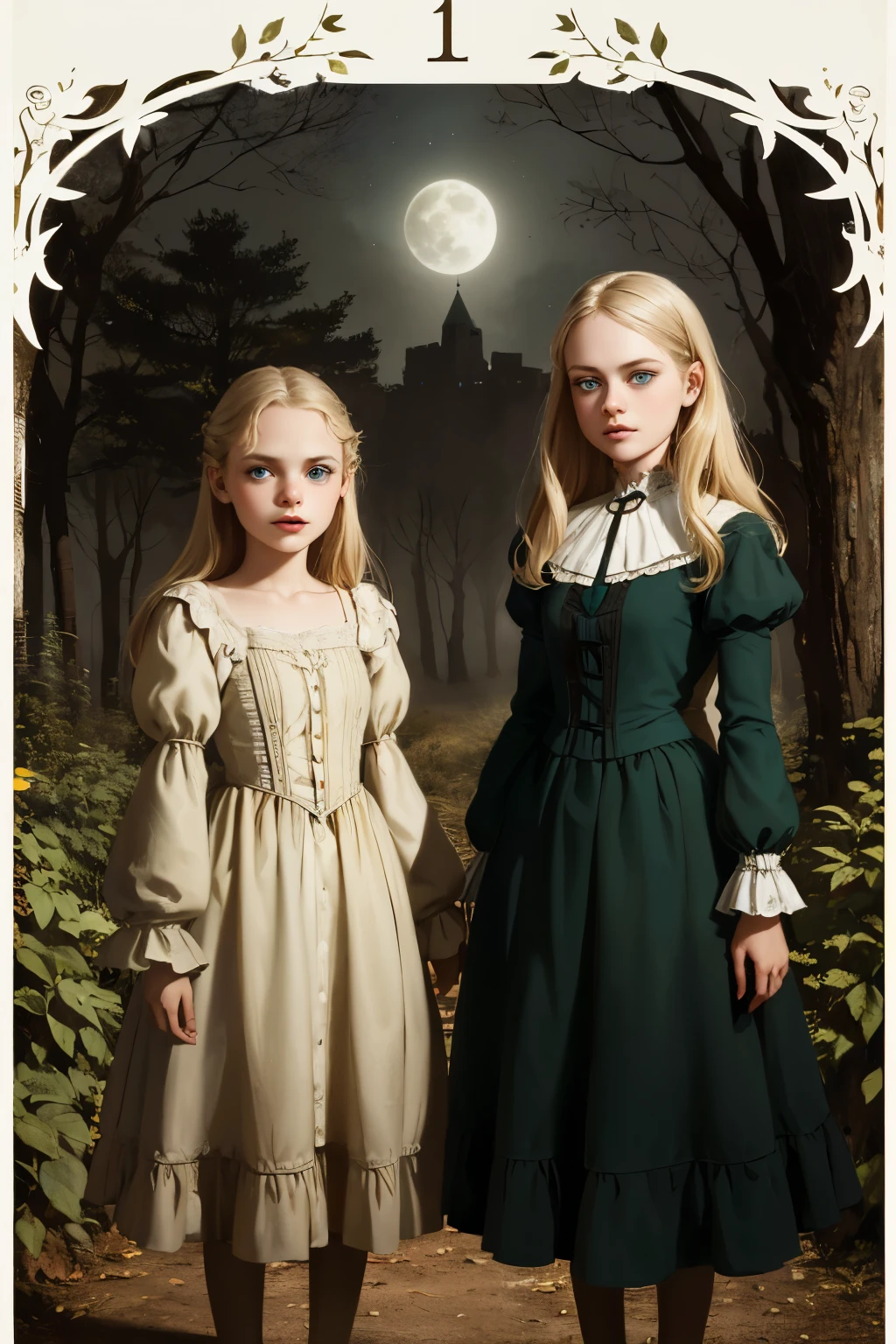 two girls, wide angle, detailed reproduction of a forest surrounded by fog up to a height of one meter. clear starry sky with a big full moon, bare trees, winter, two girls, (Virginia Otis, 15 years old (blond hair, blue eyes)) pose with (16 years old Georgie Gerald (blond hair, green eyes)). Victorian style. thin, cute face, walks at night in Canterville Castle (inspired by the novel The Canterville Ghost). aged 1887, Victorian fantasy