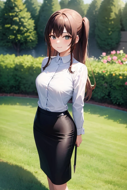 1girl, woman, business suit, black pencil skirt, medium length skirt, heels, long hair, brown hair, full body, smile, garden