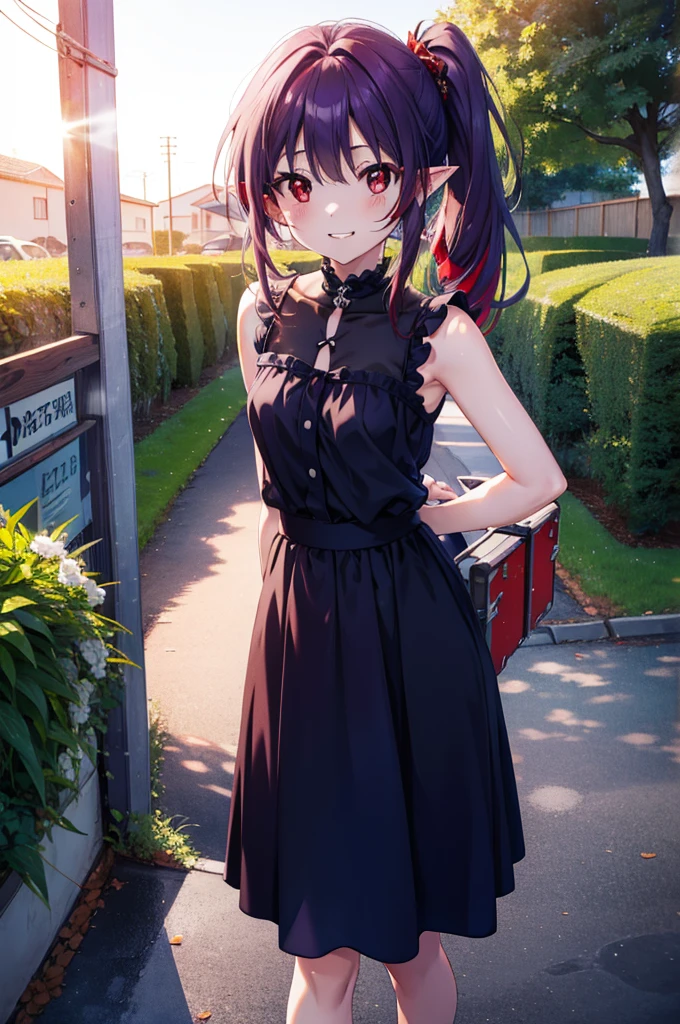 yuukikonno, Yuki Konno, hair band, Long Hair, Pointy Ears, Purple Hair, (Red eyes:1.5), (Small breasts:1.2),Side Ponytail,smile,Grin,Purple sleeveless dress、Cute Sandals,Put your right hand on your hip,Push-type suitcase,Are standing,Daytime,whole bodyがイラストに入るように, 　　　　　                       break looking at viewer, whole body,  　　　　　　　　　　　　　　　　　　　break outdoors,countryside, Residential Street,city,　　　　　　　　　　　　break (masterpiece:1.2), Highest quality, High resolution, unity 8k wallpaper, (shape:0.8), (Fine and beautiful eyes:1.6), Highly detailed face, Perfect lighting, Highly detailed CG, (Perfect hands, Perfect Anatomy),チックなmorning日,morning,Extreme Light，　　　　　　　　　　