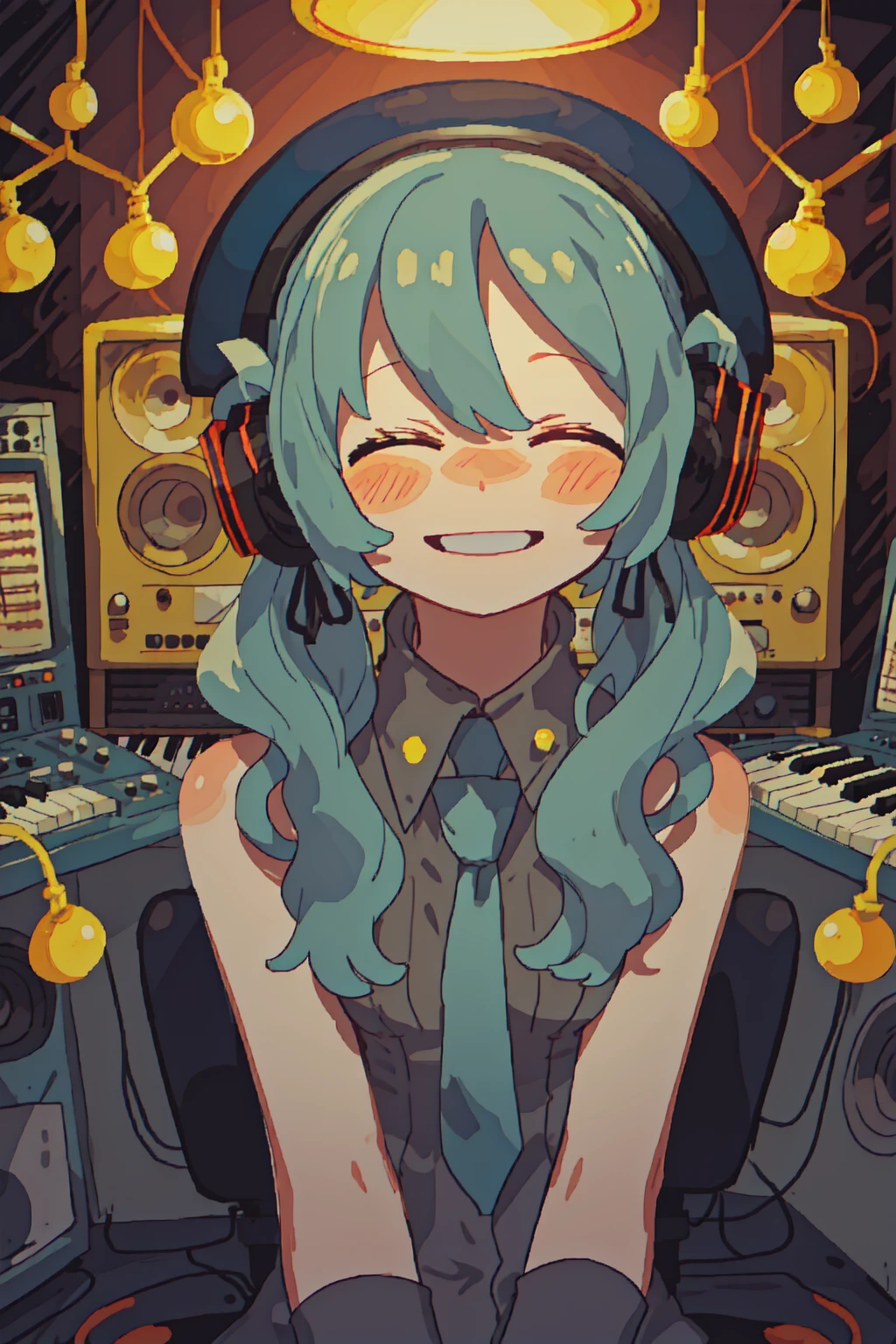 vocaloid, (hatsune miku, aqua hair, very long hair, twintails, aqua nails, aqua necktie:1.2),

(grant wood, american gothic:1.2),
1girl, solo, (portrait), smile, closed mouth, (closed eyes), lips, (spoken musical note),
(final fantasy tactics:1.2),

(recording studio interior:1.2), headphones, (lanyard), technology, frutiger aero, (korg, korg triton, daw, korg m1, yamaha dx7, synthesizer, digital audio, wave format audio, riff, graphic equalizer, piano roll, dtm, top 10 free vst plugins download now:1.2), loaded interior, (indoors:1.1), gramophone,
cymbals, drum kit, microphone stand, music stand, classical music, interior of an amphitheatre, (speaker system, subwoofer),
(mainframe computer, computer rack, synthesizer rack, computer shelf, modular synthesizer, moog, buchla, serge),

naked, nude, slim body, aethetic, gothic, (negative space:1.15), exposed breasts, small breasts, flat chest, exposed vagina, intimate green hair,

(hair ribbon, white ribbon:1.2), (lamp, overhead light, light bulb, ornament),

(blush stickers, blush),

(cozy:1.2),

(arabian ink, paper marbling:1.1),

(surreal, abstract, vincent van gogh:1.2), (complimentary colors),

(by Jeremy Lipking:0.8), (by Antonio J Manzanedo:0.7), (by Paul Lehr:1.1)