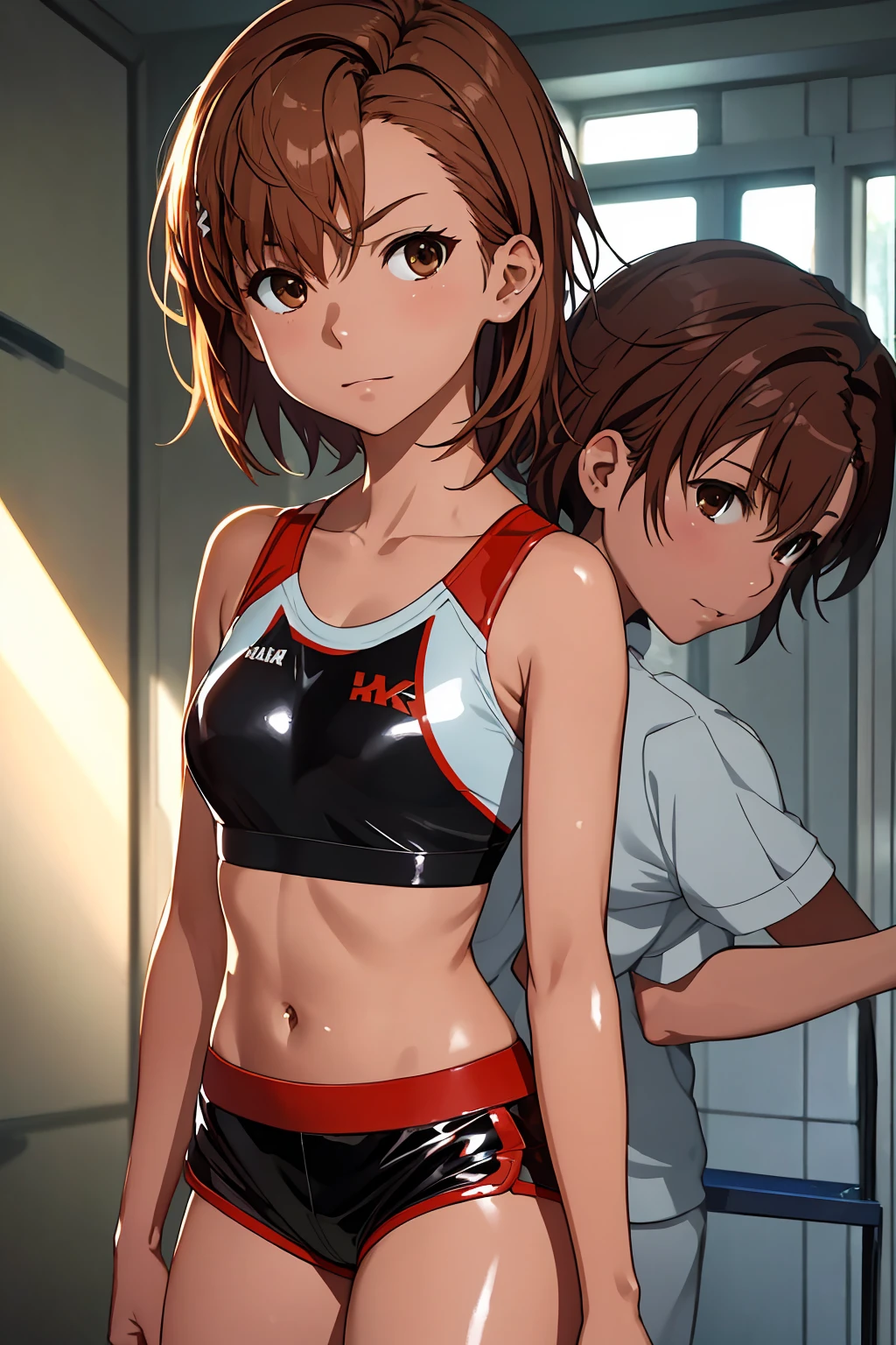 Highest quality:1.5, High resolution, uhd, 4K, Detailed lighting, Shaders), NSFW Misaka Mikoto,short hair　Brown Hair　Brown eyes　Cool face　　((Black latex shorts))++　Sports bra with a small area　Realistic sun rays　 Beautiful park