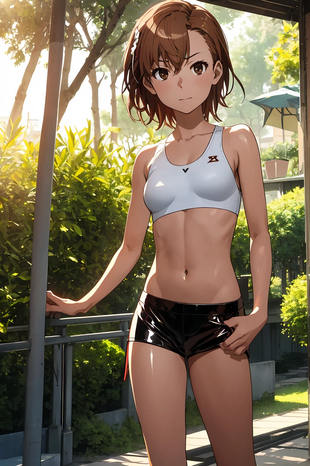 Highest quality:1.5, High resolution, uhd, 4K, Detailed lighting, Shaders), NSFW Misaka Mikoto,short hair　Brown Hair　Brown eyes　Cool face　　((Black latex shorts))++　Sports bra with a small area　Realistic sun rays　 Beautiful park　topless　Completely naked