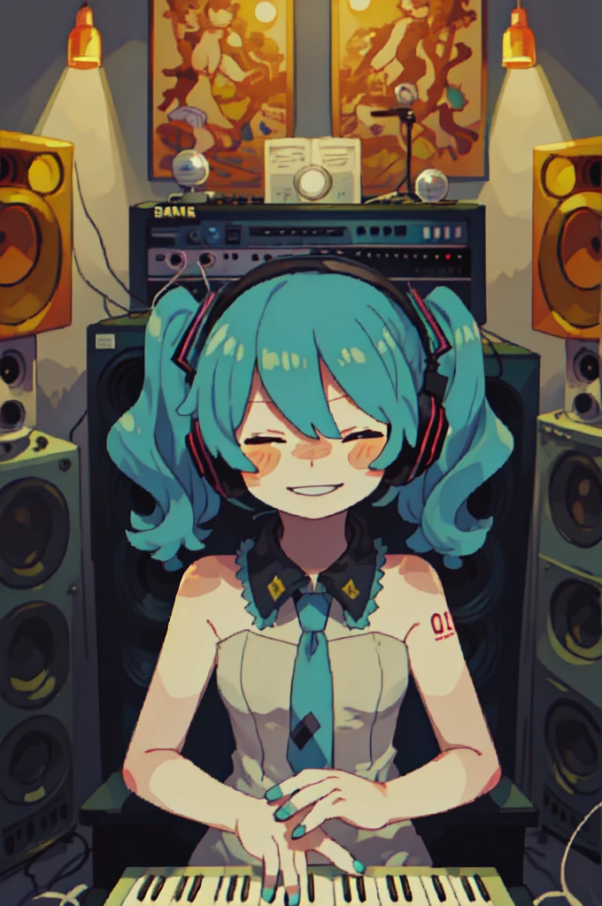 vocaloid, (hatsune miku, aqua hair, very long hair, twintails, aqua nails, aqua necktie:1.2),

(grant wood, american gothic:1.2),
1girl, solo, (portrait), smile, closed mouth, (closed eyes), lips, (spoken musical note),
(final fantasy tactics:1.2),

(recording studio interior:1.2), headphones, (lanyard), technology, frutiger aero, (korg, korg triton, daw, korg m1, yamaha dx7, synthesizer, digital audio, wave format audio, riff, graphic equalizer, piano roll, dtm, top 10 free vst plugins download now:1.2), loaded interior, (indoors:1.1), gramophone,
cymbals, drum kit, microphone stand, music stand, classical music, interior of an amphitheatre, (speaker system, subwoofer),
(mainframe computer, computer rack, synthesizer rack, computer shelf, modular synthesizer, moog, buchla, serge),

naked, nude, slim body, aethetic, gothic, (negative space:1.15), exposed naked breasts, small breasts, flat chest, exposed naked vagina, intimate green hair,

(hair ribbon, white ribbon:1.2), (lamp, overhead light, light bulb, ornament),

(blush stickers, blush),

(cozy:1.2),

(arabian ink, paper marbling:1.1),

(surreal, abstract, vincent van gogh:1.2), (complimentary colors),

(by Jeremy Lipking:0.8), (by Antonio J Manzanedo:0.7), (by Paul Lehr:1.1)