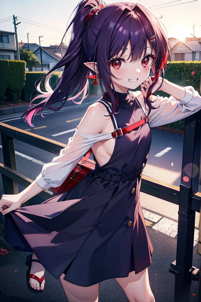 yuukikonno, Yuki Konno, hair band, Long Hair, Pointy Ears, Purple Hair, (Red eyes:1.5), (Small breasts:1.2),Side Ponytail,smile,Grin,Purple sleeveless dress、Cute Sandals,Put your right hand on your hip,Push-type suitcase,Are standing,Daytime,whole bodyがイラストに入るように, 　　　　　                       break looking at viewer, whole body,  　　　　　　　　　　　　　　　　　　　break outdoors,countryside, Residential Street,city,　　　　　　　　　　　　break (masterpiece:1.2), Highest quality, High resolution, unity 8k wallpaper, (shape:0.8), (Fine and beautiful eyes:1.6), Highly detailed face, Perfect lighting, Highly detailed CG, (Perfect hands, Perfect Anatomy),チックなmorning日,morning,Extreme Light，　　　　　　　　　　