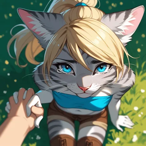 solo, score_9,score_8_up,score_7_up, source_furry, kat, anthro furry feline, blue eyes, blonde hair, (ponytail hair), pink nose,...