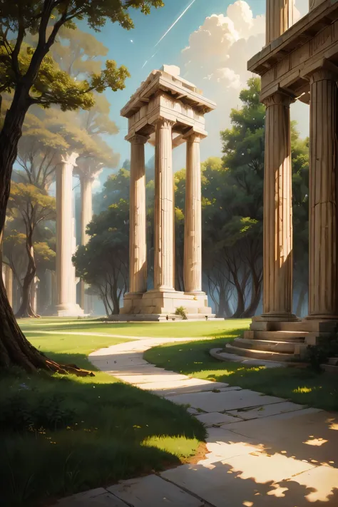 ralph-mcquarrie style, greek architecture done in a sci-fi style on a beautiful forest and meadow scene with tall buildings and ...