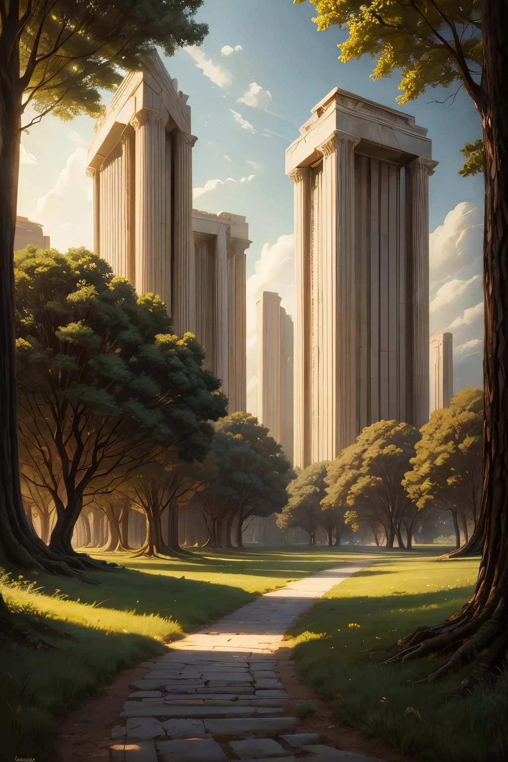 Ralph-McQuarrie-Stil, greek architecture done in a sci-fi style on a Schön forest and meadow scene with tall buildings and open green spaces, Ölgemälde, Schön, sehr detailliert