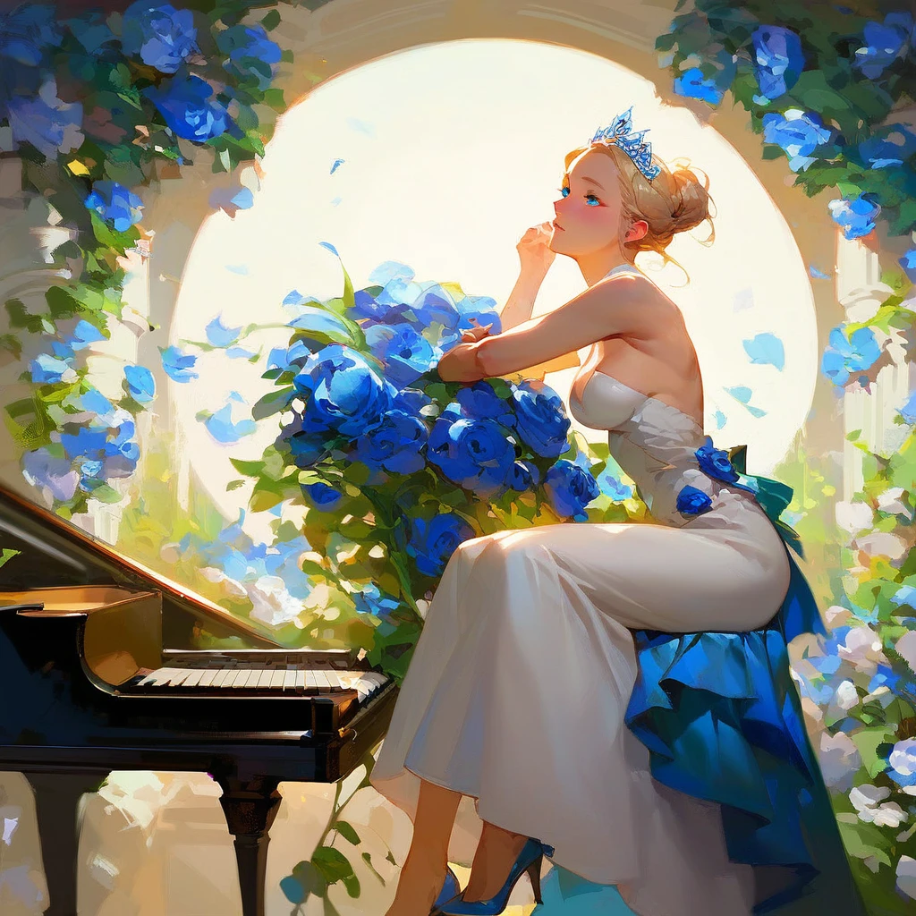 (score_9,score_8_up,score_7_up,) woman in fancy dress leaning over an upright grand piano at dusk with flowers around, 1girl, dress, solo, instrument, flower, high heels, sitting, tiara, white dress, blue eyes, blue flower, blonde hair, hair bun, Expressiveh, negative_hand, [[gwentstyle]], moon
