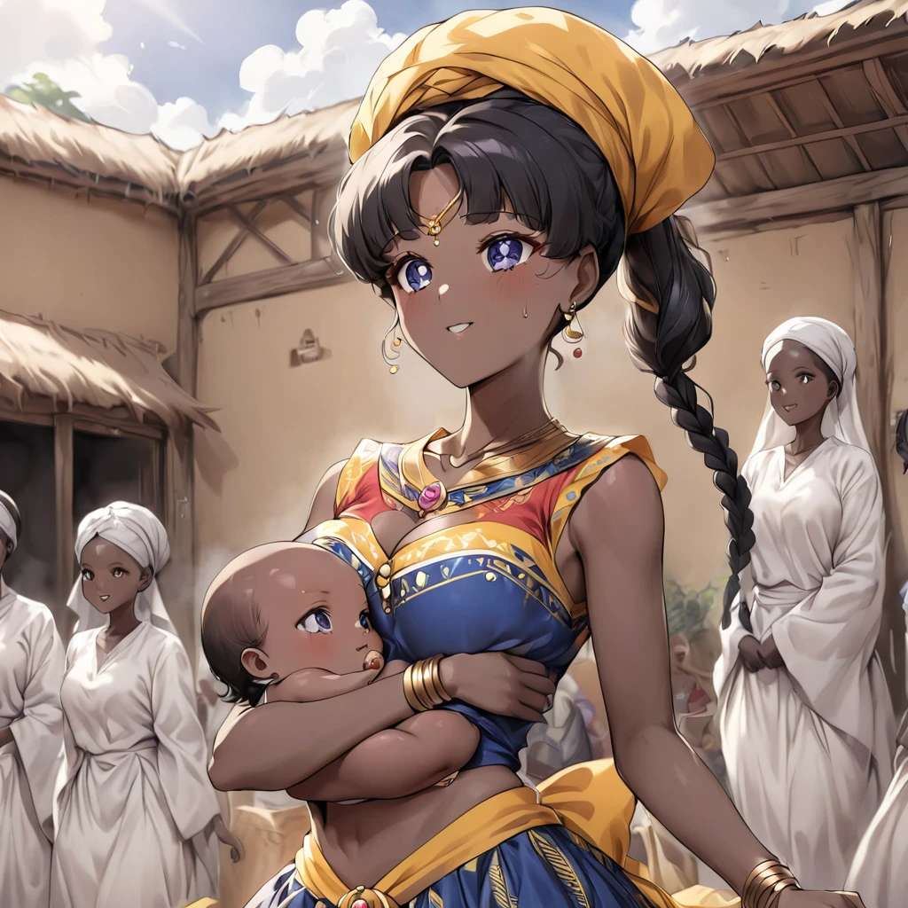 ((höchste Qualität)), ((Meisterwerk)), (ausführlich), （Perfektes Gesicht）、Die Frau ist eine in Ghana geborene Tsukino Usagi mit einer lebhaft dunklen Haut, schwarz von Geburt, und trägt ein farbenfrohes ghanaisches Kleid aus einem ghanaischen Dorf, ein buntes Turban-Kopftuch, wunderschöne Schmuck-Accessoires, und ein Verlobungsring.、Die Frau ist die elegante Tsukino Usagi, mit ihren kurzen schwarzen Afrohaaren, die zu einem Ghana-Zopf zusammengebunden sind, wearing a colorful Ghanaian dress and ein buntes Turban-Kopftuch, mit leuchtend dunkelbrauner Haut, eine gebürtige schwarze Person, und ein gebürtiger Ghanaer, Tsukino Usagi.、（Die Frau ist eine schwarze Ghanaerin mit leuchtend dunkelbrauner Haut.）、Die Frau zieht Kinder groß und leistet Dorfarbeit mit anderen Dorfmädchen in ihrem Dorf in Ghana.、、Die Frau hält ihre kleine Tochter、Polygame ghanaische Familien sind groß und haben viele weitere Frauen und Kinder.