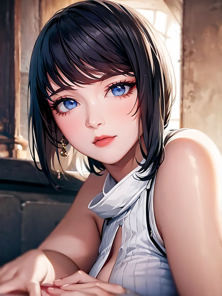 1girl, solo, breasts, looking_at_viewer, short_hair, bangs, blue_eyes, black_hair, photoshop_(medium), dress, cleavage, medium_breasts, bare_shoulders, hair_between_eyes, jewelry, closed_mouth, upper_body, sleeveless, artist_name, white_dress, lips, clothing_cutout, eyelashes, makeup, sleeveless_dress, chinese_clothes, cleavage_cutout, lipstick, portrait, red_lips