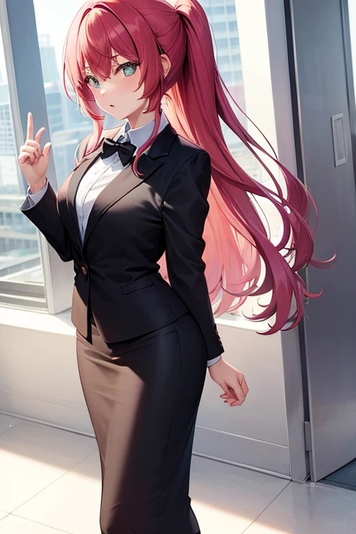 1girl, woman, suit, office lady, black skirt, black blazer, pencil skirt, skirt suit, maxi length skirt, pink shirt, collared shirt, long hair, full body