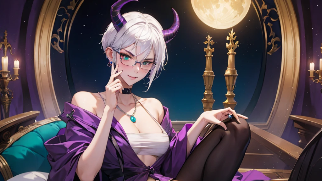 8k, masterpiece, best quality, highly detailed, 1 girl, tiefling, warlock, multicolored hair, very short straight hair green highlight hair on white hair, strippled hair, wearing glasses, round glasses, earrings, red eyeshadow, long eyelashes,navel piercing, blushed cheek, necklace, collarbone, mole, glamorous, purple and teal clothing, villainy, smirk, seductive face, halfbody view, rings, looking at viewer, demon horns, solo, elegant dress, ballroom, palace, blue pale moon, sitting, 