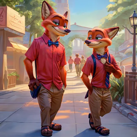 nick wilde melts hawaiian, red shirts with bow tie, and khaki trousers, sandals with heels, digital art, ((perfect face)), ((bes...