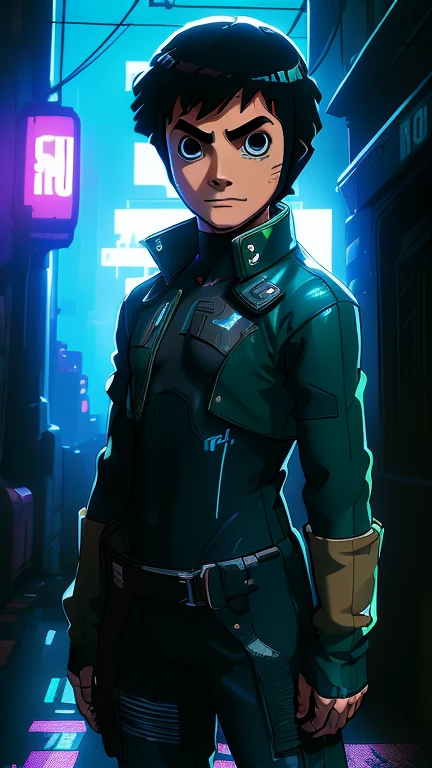 best quality,masterpiece,1boy,solo,(((13years old))),japanese boy,an extremely cute and handsome hoy,highly detailed handsome face and eyes,petit,cute face,lovely face,baby face,shy smile,show teeth, Black hair,short hair,flat chest,skinny,slender,(((Rock Lee wearing Cyberpunk Bodysuit))),(((standing in Dark Midnight Neon Glow light Cyberpunk Gotham city))),he is looking at the viewer,