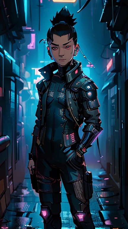 best quality,masterpiece,1boy,solo,(((13years old))),japanese boy,an extremely cute and handsome hoy,highly detailed handsome face and eyes,petit,cute face,lovely face,baby face,shy smile,show teeth, Black hair,short hair,flat chest,skinny,slender,(((Nara Shikamaru wearing Cyberpunk Bodysuit))),(((standing in Dark Midnight Neon Glow light Cyberpunk Gotham city))),he is looking at the viewer,