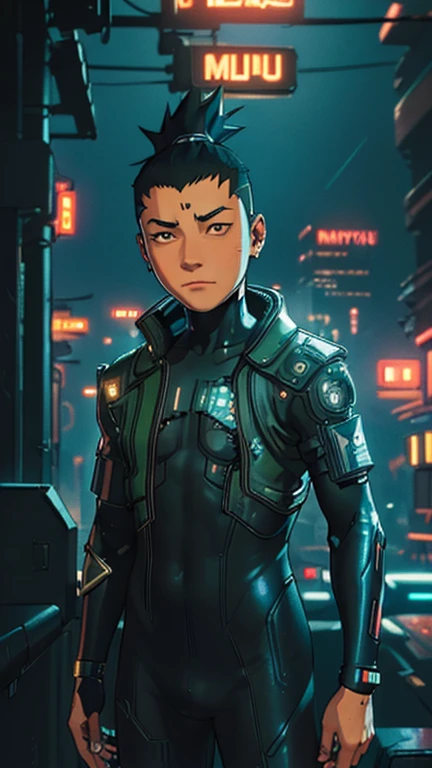 best quality,masterpiece,1boy,solo,(((13years old))),japanese boy,an extremely cute and handsome hoy,highly detailed handsome face and eyes,petit,cute face,lovely face,baby face,shy smile,show teeth, Black hair,short hair,flat chest,skinny,slender,(((Nara Shikamaru wearing Cyberpunk Bodysuit))),(((standing in Dark Midnight Neon Glow light Cyberpunk Gotham city))),he is looking at the viewer,jdgdrddcom