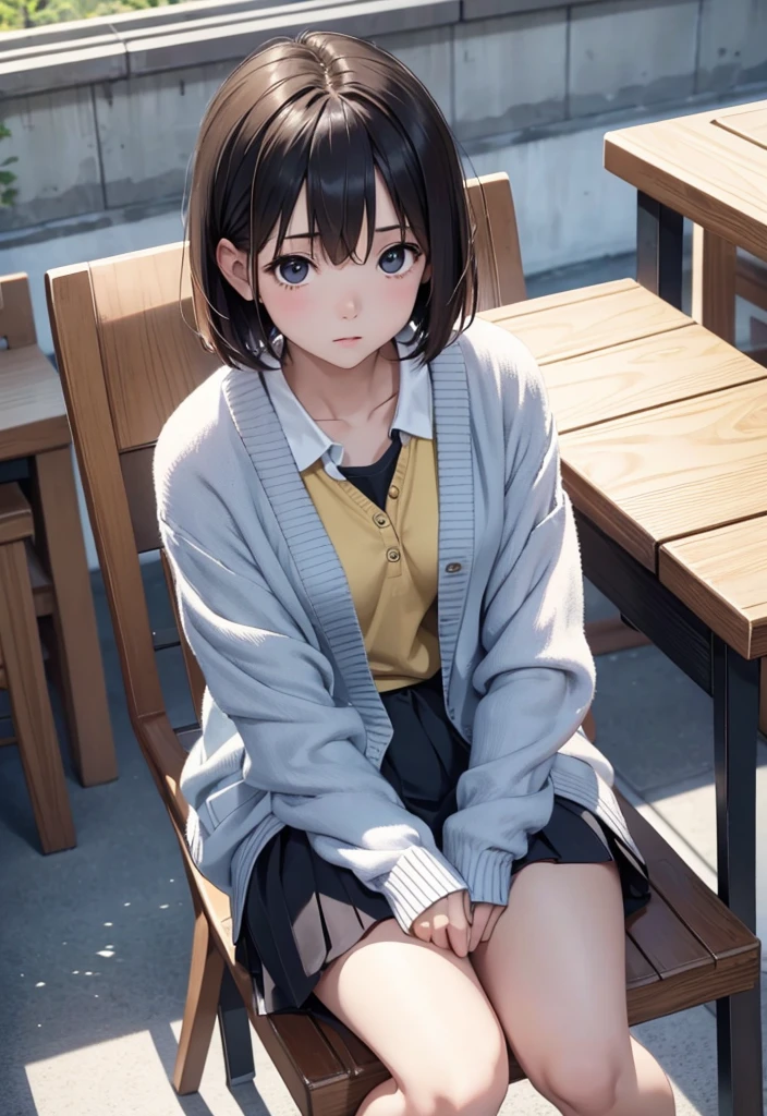 Masterpiece top quality high resolution、(cardigan), Sit with your knees bent、Beautiful legs 、On campus、As if looking up from below、Embarrassing,White panties,Semi-short hair,Spread your legs