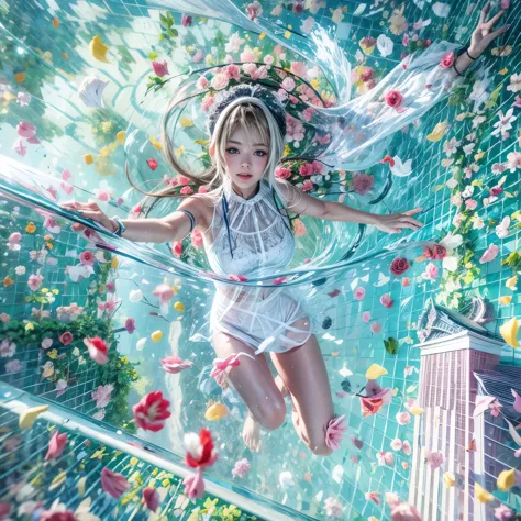 BloodRed, White in Pearly RainbowColors,ExtremelyDetailed(ProfessionalPhoto of Girl Floating in the Sky:1.37)ZoomLayer{Stunning|...
