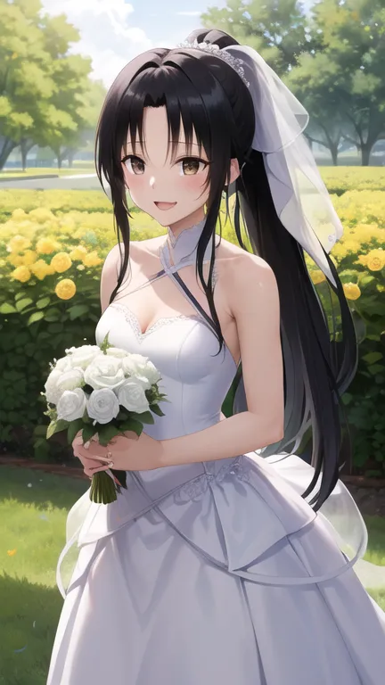 masterpiece, best quality, highres, 1girl, solo, long hair, black hair, ponytail, parted bangs, brown eyes, wedding dress, smile...