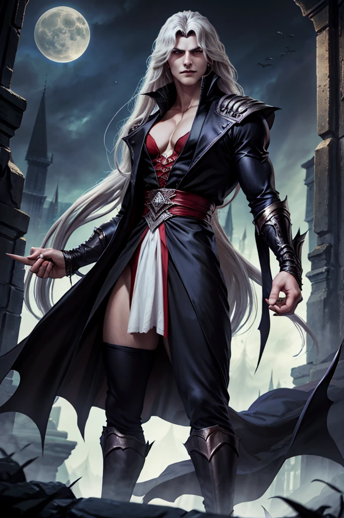 Crie um personagem vampiro chamado Nebur Belmont. Suas características físicas devem ser semelhantes às de Alucard de Castlevania: Sinfonia da Noite. Nebur Belmont deve ter uma aparência elegante e misteriosa, Com longos cabelos prateados, olhos penetrantes e traços faciais marcantes. Use roupas escuras e de estilo gótico. Sua presença deve ser imponente e nobre, refletindo sua origem aristocrática e poder sobrenatural. Com a lua cheia ao fundo