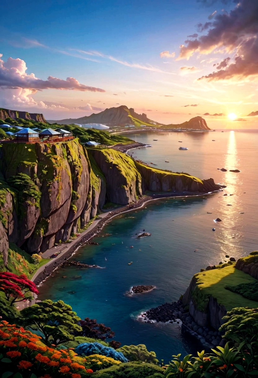 Animation style, Jeju Island at sunset_Dulegil, gentle breeze, fragrant midsummer, nature, (highest quality, 4k, 8k, high definition, masterpiece: 1.2), ultra detail, (realistic, realistic, realistic: 1.37), HDR, UHD , Studio Lighting, Sharp Focus, Physically Based Rendering, High Detail, Professional, Vivid Colors, Bokeh, Portrait